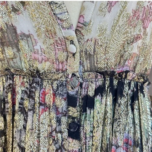 NWT! 🐚 Free People | ROCOCO SAND | Cara Metallic Floral V Neck Kaftan Small - Picture 2 of 11